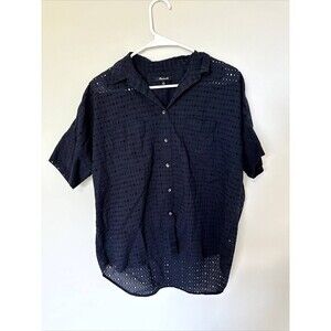 Madewell Blouse Top Eyelet Courier Button Shirt Navy Blue Cotton Oversized